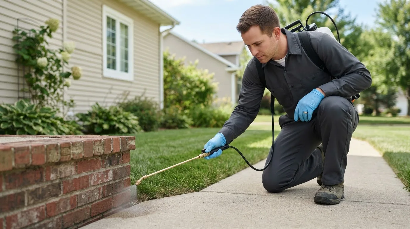 Pest control technician treating a home near Auburn, MA