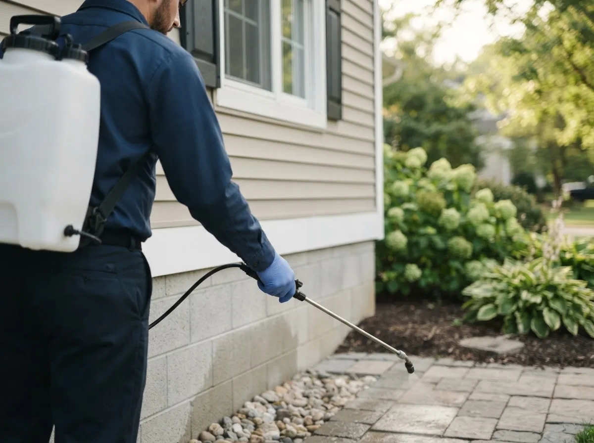 Pest control technician inspecting a home in Auburn, MA